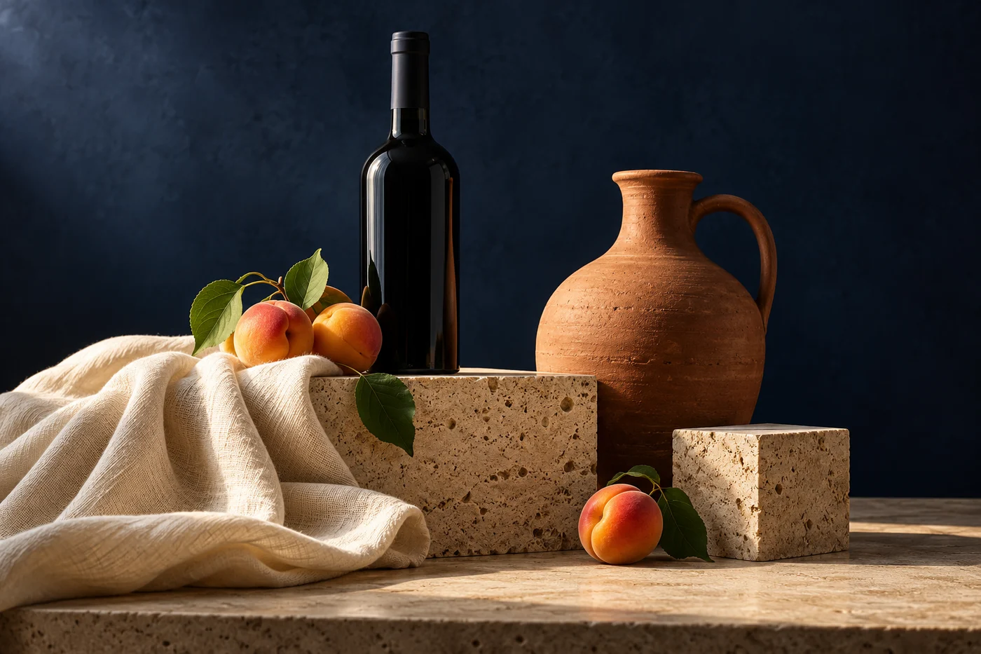 Illustrative still life of wine, apricots, linen, ceramics and stone — not a supplier listing