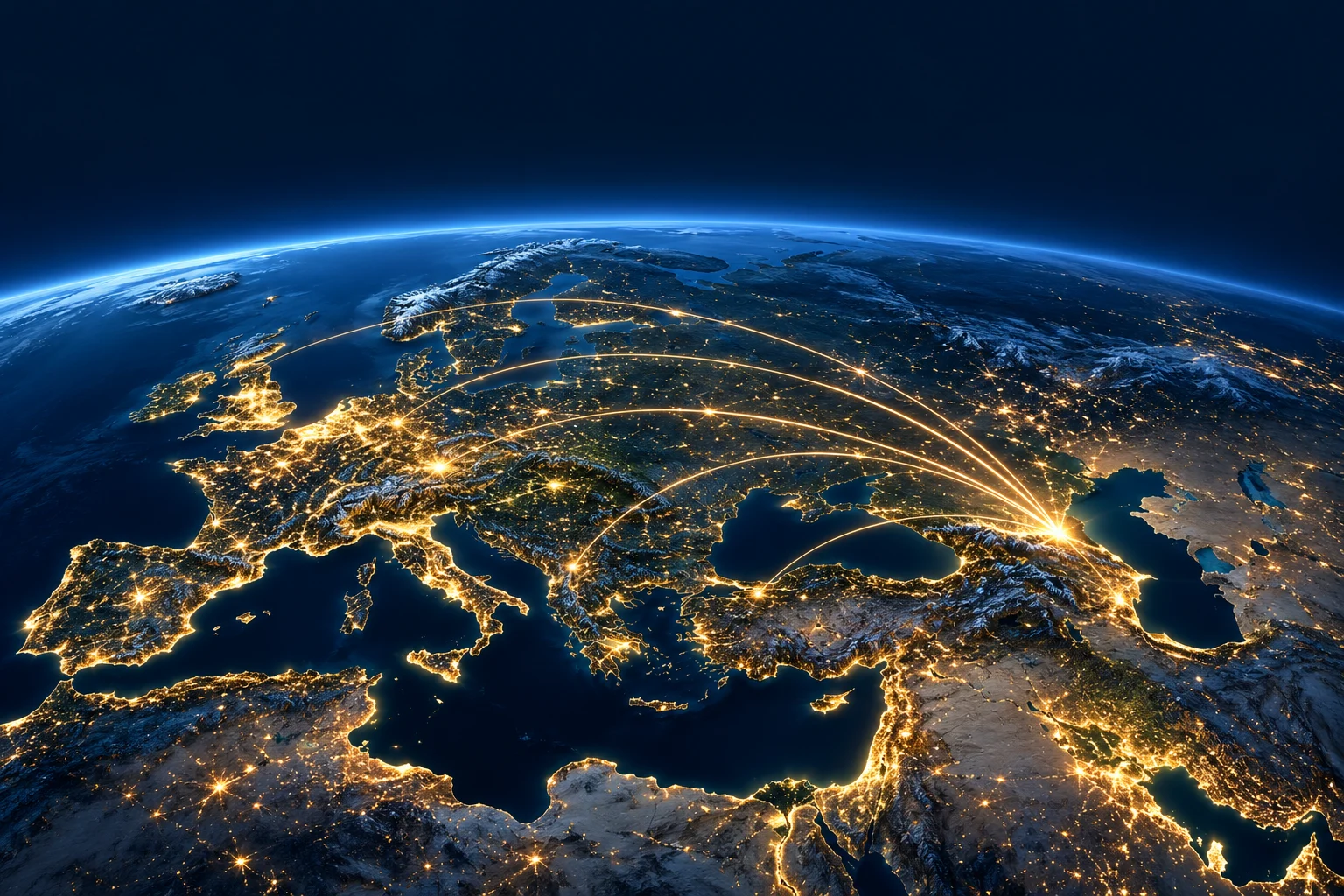 Cinematic illustration of Europe and the Caucasus connected by luminous trade arcs